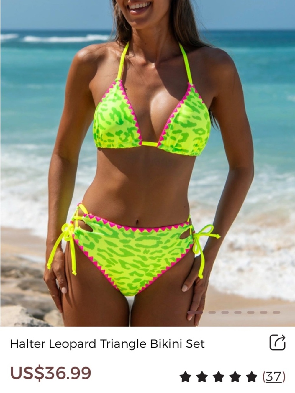 Halter Leopard Triangle Bikini Set - Neon Green